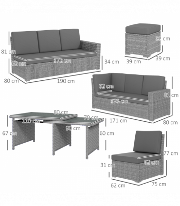 Outsunny 10-Seater Sofa Sectional w/ Cushioned Seat, Footstools and Glass Table