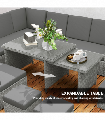 Outsunny 10-Seater Sofa Sectional w/ Cushioned Seat, Footstools and Glass Table