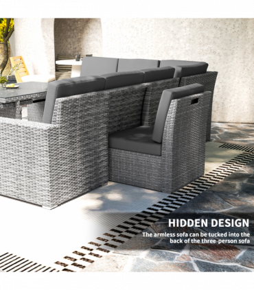 Outsunny 10-Seater Sofa Sectional w/ Cushioned Seat, Footstools and Glass Table