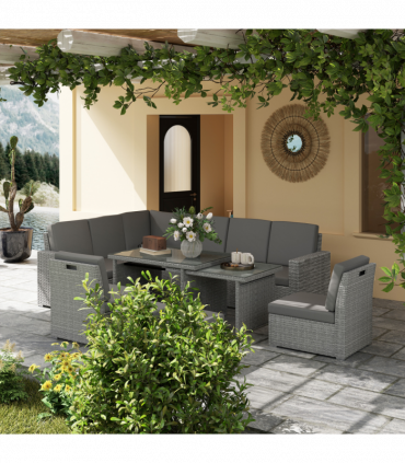 Outsunny 10-Seater Sofa Sectional w/ Cushioned Seat, Footstools and Glass Table