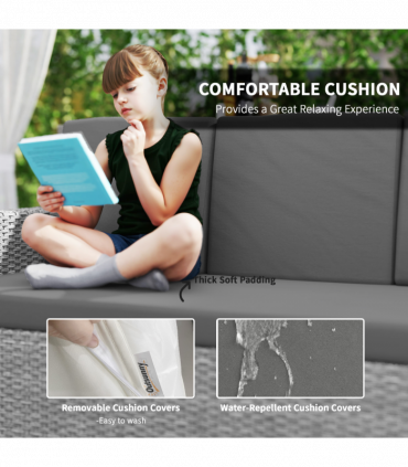 Outsunny 10-Seater Sofa Sectional w/ Cushioned Seat, Footstools and Glass Table