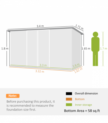 Outsunny 11 x 5.6ft Galvanised Metal Garden Shed with Lockable Doors, Grey