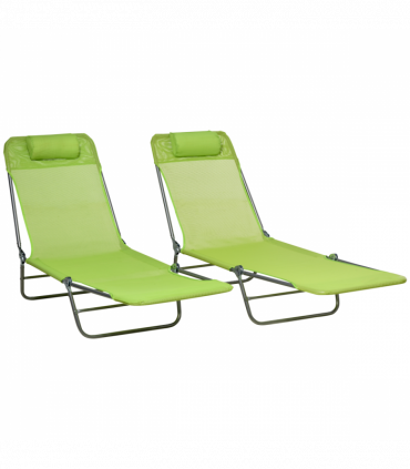 Outsunny 2 Piece Folding Sun Loungers with Adjustable Backrest, Pillow, Green