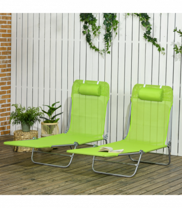 Outsunny 2 Piece Folding Sun Loungers with Adjustable Backrest, Pillow, Green
