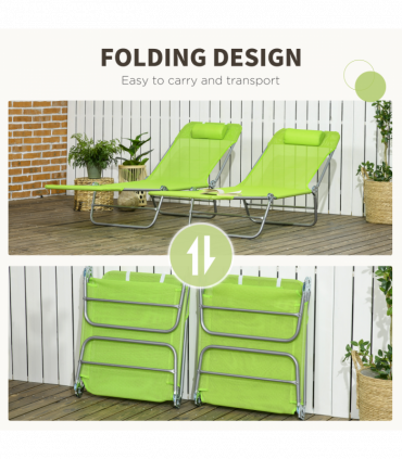 Outsunny 2 Piece Folding Sun Loungers with Adjustable Backrest, Pillow, Green