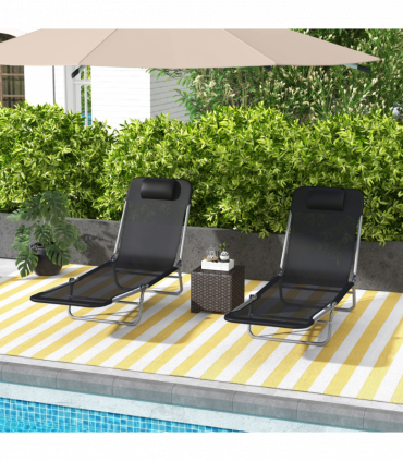 Outsunny 2 Pieces Sun Loungers Foldable Reclining Chair with Headrest Black
