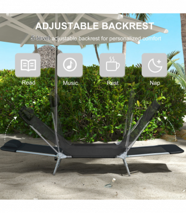 Outsunny 2 Pieces Sun Loungers Foldable Reclining Chair with Headrest Black