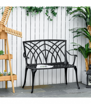 Outsunny 2-Seater Cast Aluminium Garden Bench Loveseat Ergonomic Armrest