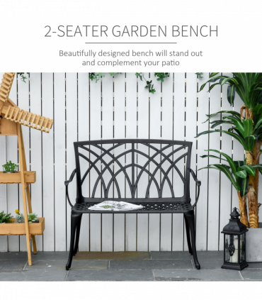 Outsunny 2-Seater Cast Aluminium Garden Bench Loveseat Ergonomic Armrest