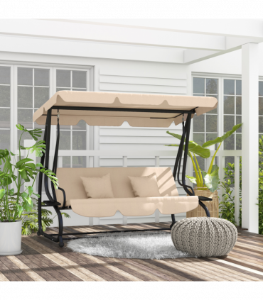 Outsunny 2-in-1 Garden Swing Chair for 3 Person w/ Adjustable Canopy Light Brown