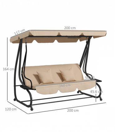 Outsunny 2-in-1 Garden Swing Chair for 3 Person w/ Adjustable Canopy Light Brown