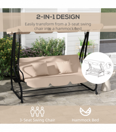 Outsunny 2-in-1 Garden Swing Chair for 3 Person w/ Adjustable Canopy Light Brown