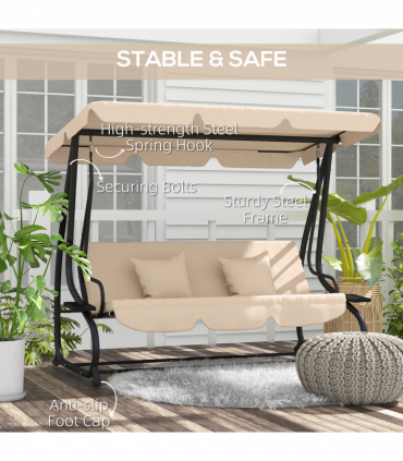 Outsunny 2-in-1 Garden Swing Chair for 3 Person w/ Adjustable Canopy Light Brown