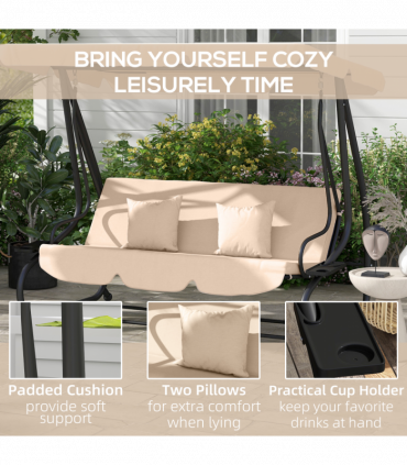 Outsunny 2-in-1 Garden Swing Chair for 3 Person w/ Adjustable Canopy Light Brown
