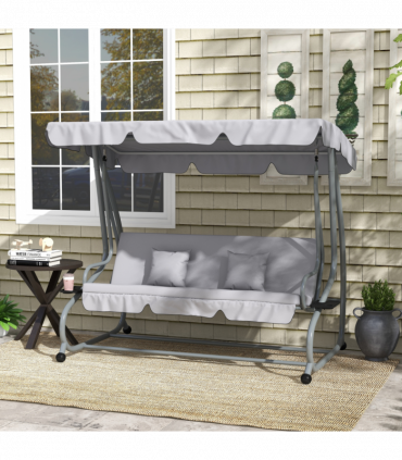 Outsunny 2-in-1 Garden Swing Chair for 3 Person w/ Adjustable Canopy, Grey