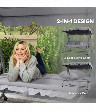 Outsunny 2-in-1 Garden Swing Chair for 3 Person w/ Adjustable Canopy, Grey
