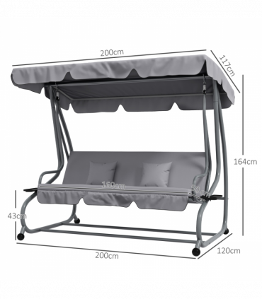 Outsunny 2-in-1 Garden Swing Chair for 3 Person w/ Adjustable Canopy, Grey