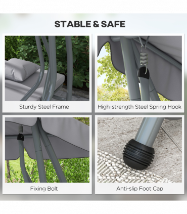 Outsunny 2-in-1 Garden Swing Chair for 3 Person w/ Adjustable Canopy, Grey