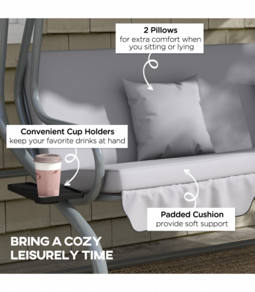 Outsunny 2-in-1 Garden Swing Chair for 3 Person w/ Adjustable Canopy, Grey