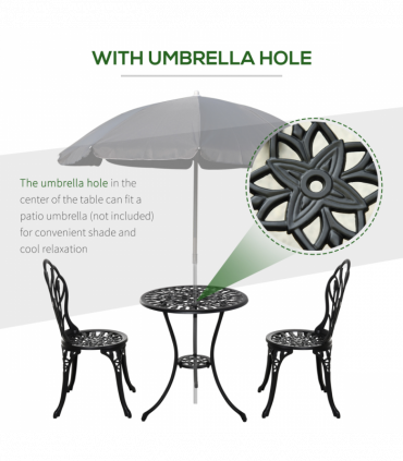 Outsunny 3 Piece Bistro Set, Aluminium Garden Furniture with Umbrella Hole