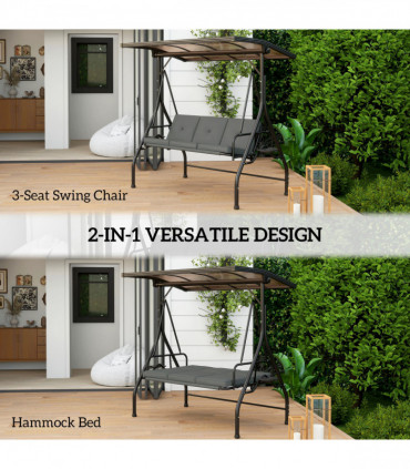 Outsunny 3 Seater Garden Swing Seat Bed, Convertible Swing Chair, Dark Grey
