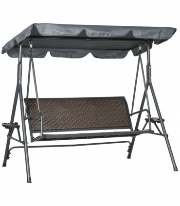 Outsunny 3 Seater Garden Swing Seat Bench with Adjustable Canopy, Rattan Seat