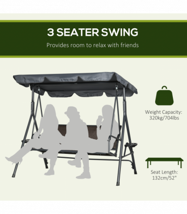 Outsunny 3 Seater Garden Swing Seat Bench with Adjustable Canopy, Rattan Seat