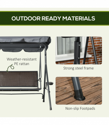 Outsunny 3 Seater Garden Swing Seat Bench with Adjustable Canopy, Rattan Seat