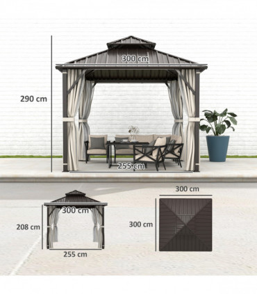 Outsunny 3 x 3(m) Hardtop Gazebo with Metal Roof, Netting and Curtains