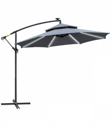 Outsunny 3(m) Cantilever Parasol Hanging Banana Umbrella w/ lights, Grey