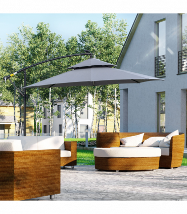 Outsunny 3(m) Cantilever Parasol Hanging Banana Umbrella w/ lights, Grey