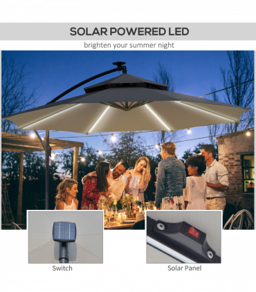 Outsunny 3(m) Cantilever Parasol Hanging Banana Umbrella w/ lights, Grey