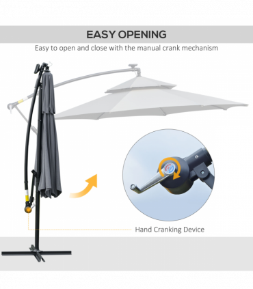 Outsunny 3(m) Cantilever Parasol Hanging Banana Umbrella w/ lights, Grey