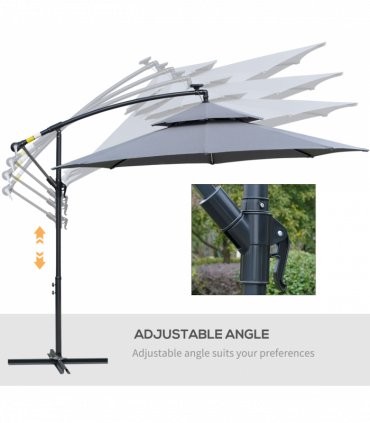 Outsunny 3(m) Cantilever Parasol Hanging Banana Umbrella w/ lights, Grey