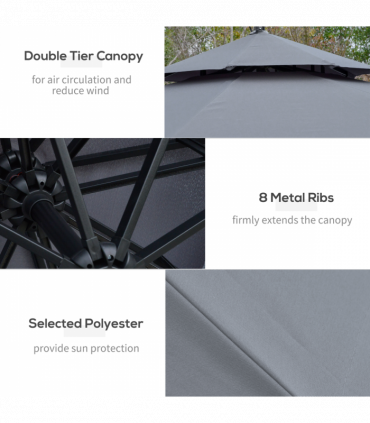 Outsunny 3(m) Cantilever Parasol Hanging Banana Umbrella w/ lights, Grey