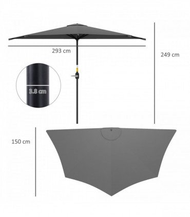 Outsunny 3(m) Half Round Parasol Garden Sun Umbrella w/ Crank Dark Grey