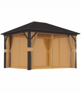 Outsunny 3.6 x 3(m) Metal Garden Hardtop Gazebo with Screened Curtain Brown