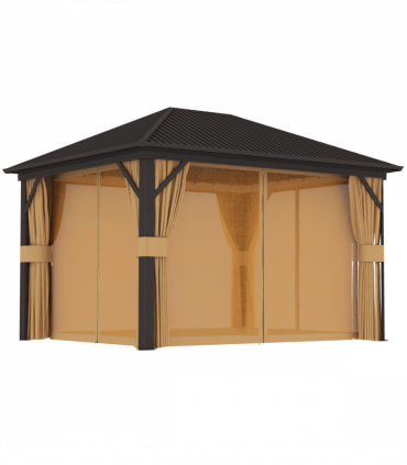 Outsunny 3.6 x 3(m) Metal Garden Hardtop Gazebo with Screened Curtain Brown