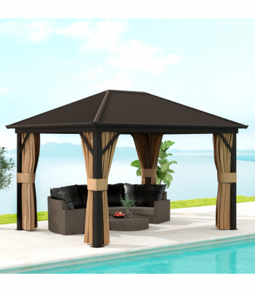 Outsunny 3.6 x 3(m) Metal Garden Hardtop Gazebo with Screened Curtain Brown