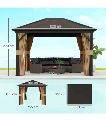 Outsunny 3.6 x 3(m) Metal Garden Hardtop Gazebo with Screened Curtain Brown