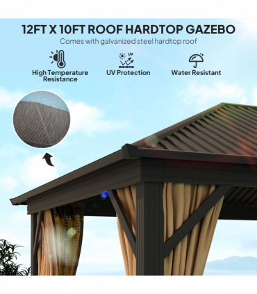 Outsunny 3.6 x 3(m) Metal Garden Hardtop Gazebo with Screened Curtain Brown