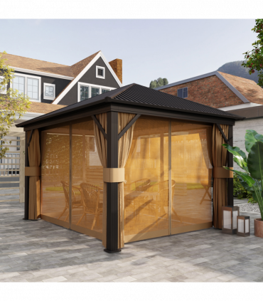 Outsunny 3.6 x 3(m) Metal Garden Hardtop Gazebo with Screened Curtain Brown