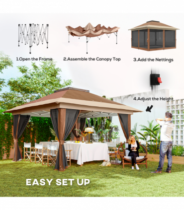 Outsunny 3.6 x 3.6m Pop Up Gazebo with Netting and Wheeled Bag, Brown