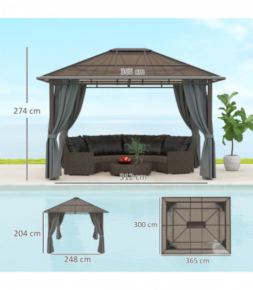 Outsunny 3.6x3(m) Hardtop Gazebo Garden Pavilion w/ Polycarbonate Roof, Grey