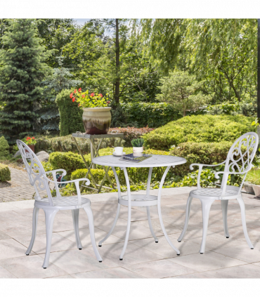 Outsunny 3PCs Garden Bistro Set Cast Aluminium Round Table with 2 Chairs White