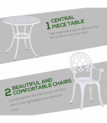 Outsunny 3PCs Garden Bistro Set Cast Aluminium Round Table with 2 Chairs White