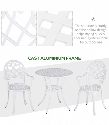 Outsunny 3PCs Garden Bistro Set Cast Aluminium Round Table with 2 Chairs White