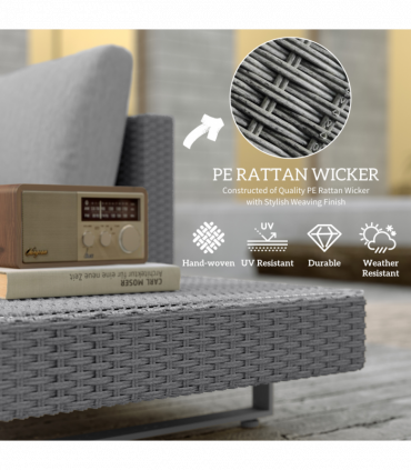 Outsunny 3pc Rattan Wicker Sofa Set with Tea Table & Cushions, Light Grey