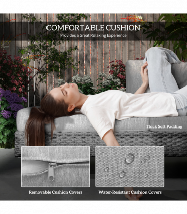 Outsunny 3pc Rattan Wicker Sofa Set with Tea Table & Cushions, Light Grey