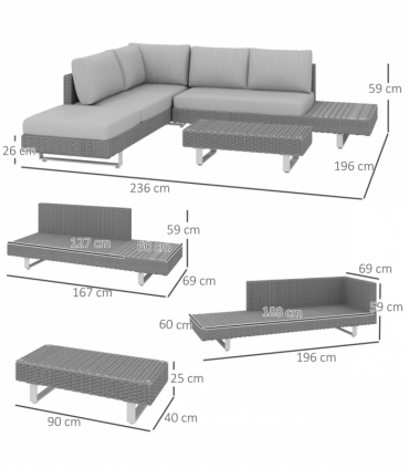 Outsunny 3pc Rattan Wicker Sofa Set with Tea Table & Cushions, Light Grey